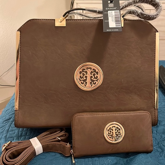 NWT Coffee Brown and Gold Purse and Wallet - Convertible with Shoulder Strap - Picture 1 of 7